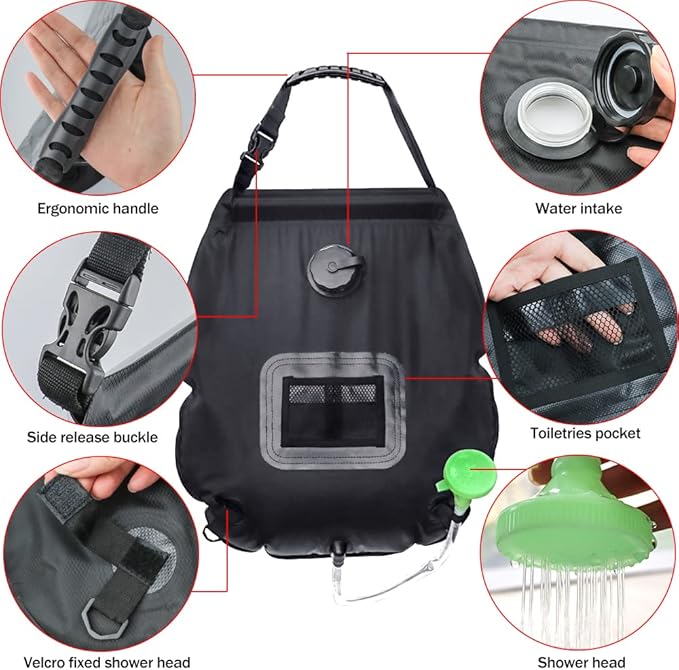 NODG 5 Gallons/20L Portable Solar Shower Bag Solar Heating Shower Bag with Removable Hose On-Off Switchable Shower Head for Camping Beach Swimming Outdoor Activities Traveling Hiking Cycling Picnic