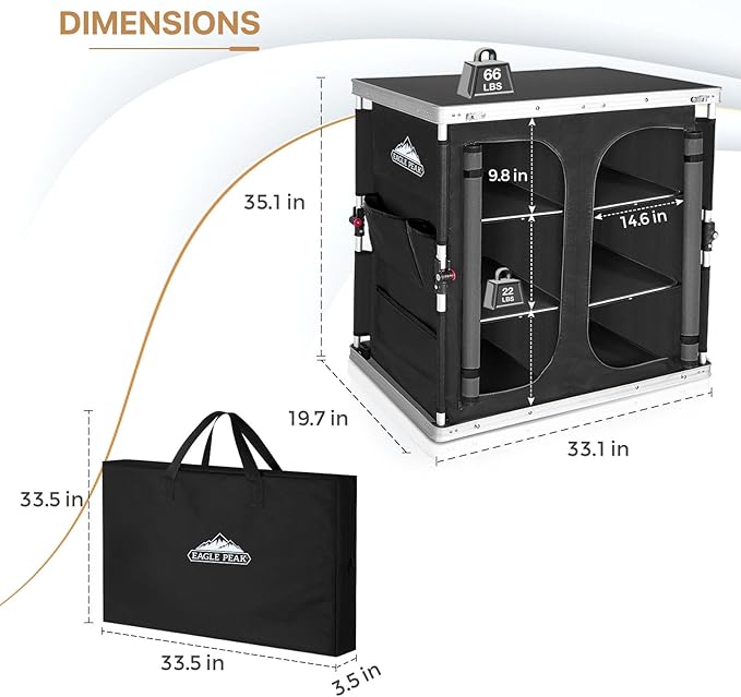 EAGLE PEAK Double Outdoor Folding Camping Table with Large 3-Tier Storage Organizer and Side Pockets, Easy Set Up Portable Aluminum Camping Kitchen, Black