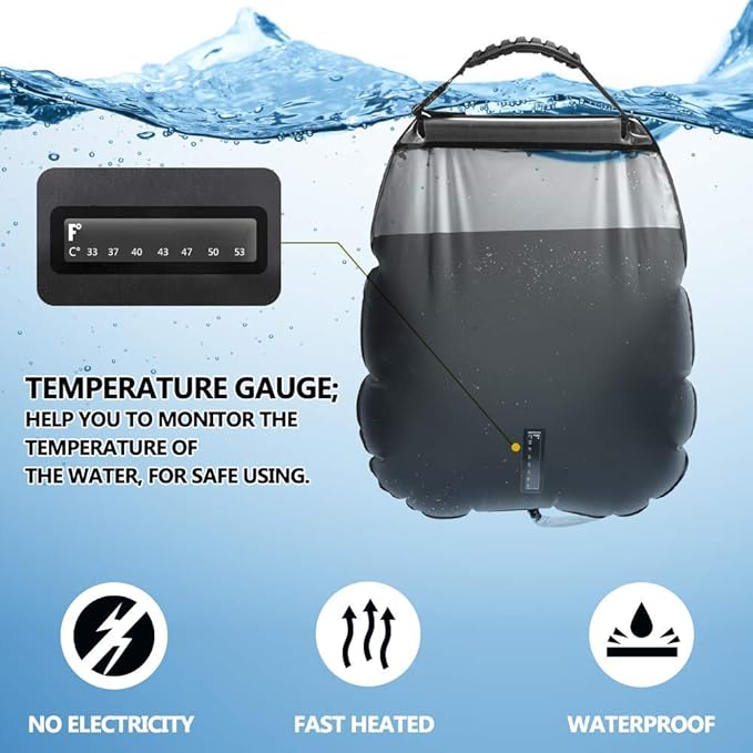 Solar Shower Bag | 5 Gal/20L Solar Heating Camping Shower Bag | Removable Hose | On-Off Switchable Shower Head | Ducha Portatil | Traveling Shower | Portable Shower for Beach Swimming, Hiking