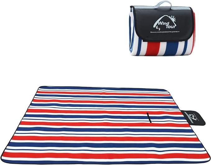 Wind Tour Family Outdoor Waterproof Durable Picnic Blankets with Carry Strap Foldable Sandproof Picnic Floor Mat for Kids Playground Camping Hiking Grass Travelling (1, Red & blue stripes-150*200cm)