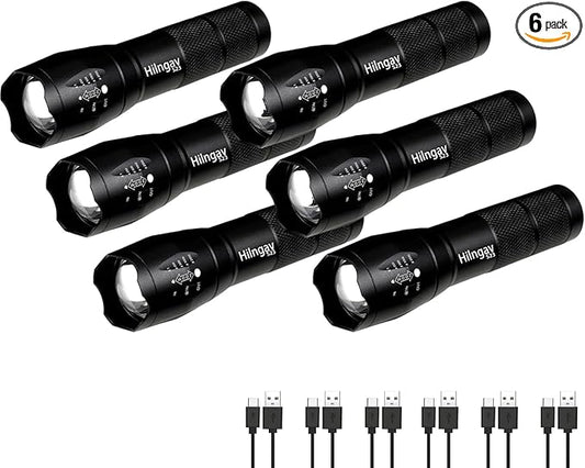 6 Pack LED Rechargeable Flashlight, Super Bright Small Mini Camping Flashlights Zoomable Beam, Convenient USB C Charging for Camping Hiking Outdoor Home Emergency