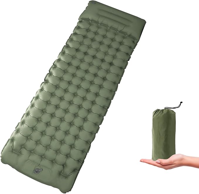 Green Self Inflating Sleeping Pad for Camping, Outdoor Camping Mattress Pad Inflatable Sleeping Mat, Single Air Mattress with Pillow, Inflatable Sleeping Mat Camping Pad for Hiking Car Tent