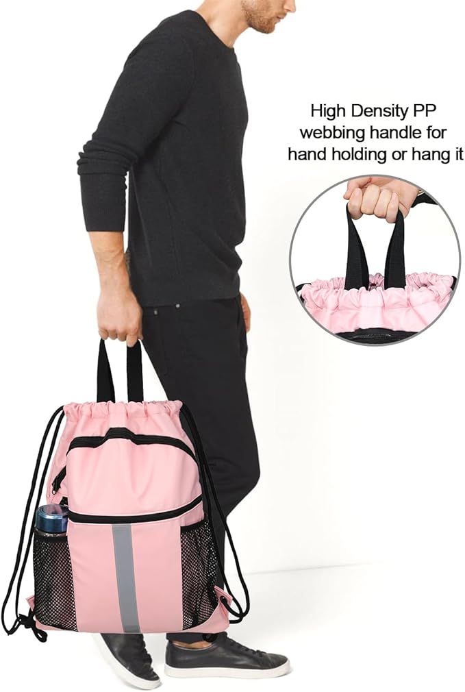 BeeGreen Drawstring Backpack Bag with Shoe Compartment, X-Large Black Gym Sports String Cinch Backpack