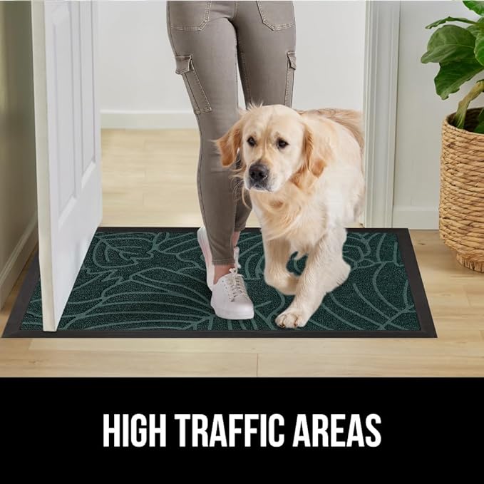 GORILLA GRIP 100% Waterproof All-Season WeatherMax Doormat, 23x35, Durable Natural Rubber, Stain and Fade Resistant, Low Profile, Indoor Outdoor Door Mats, Easy Clean Patio Entrance Mat, Green Palm