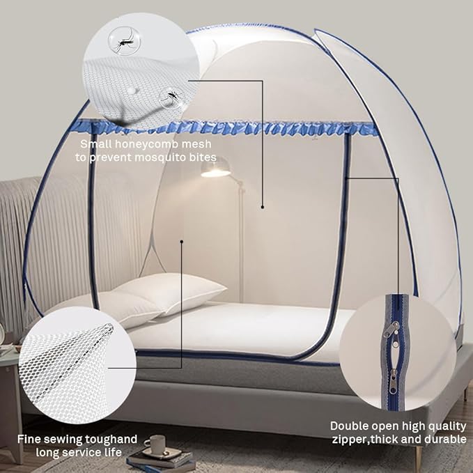 Mengersi Mosquito Net Tent for Bed,Pop-Up Bed Canopy with Net Bottom,Mosquito Netting Bed Tent for Kids Girls Boys,Bed,Suit for Indoor Outdoor (Full/Queen, Blue)