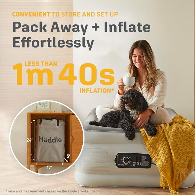 Huddle® Luxury Never Deflate Queen Air Bed with Patented Dual Pump SlumberGuard™ Premium Technology | Inflatable Mattress with Built-in Pump | Comfortable Inflatable Mattress