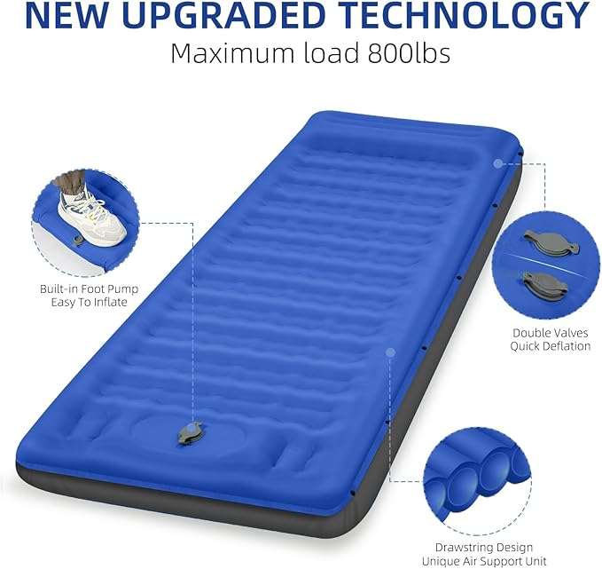 Camping Sleeping Pad, Extra Thick 5 Inch Camping Mat with Pillow Built-in Foot Pump Inflatable Sleeping Pads Compact for Camping Backpacking Hiking Traveling Tent（Blue Grey）