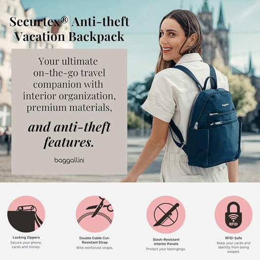 Baggallini Securtex Anti-theft Vacation Backpack for Women - Lightweight Travel Backpack Locking Zipper & RFID Wallet