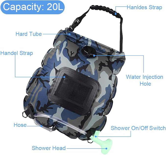 Solar Shower Bag | 5 Gal/20L Solar Heating Camping Shower Bag | Removable Hose | On-Off Switchable Shower Head | Ducha Portatil | Traveling Shower | Portable Shower for Beach Swimming, Hiking