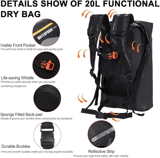Blueshyhall 20L Waterproof Dry Backpack, Outdoor Travel Roll Top Closure Water Repellent Duffle Storage Sack for Kayaking Rafting Boating Fishing Camping and Beach - Black