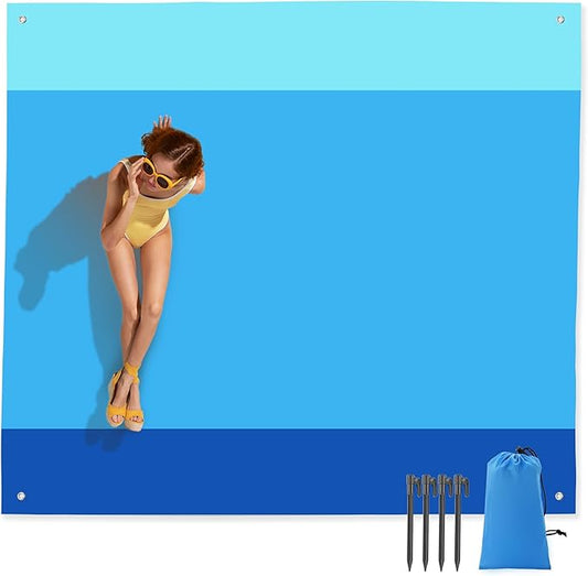 Mooreeke Beach Blanket Extra Large Oversized 9 x 8 ft, Ocean Blue Sandproof Waterproof Quick Drying Lightweight Compact Outdoor Blanket Beach Mat for Family Travel Camping Picnic, 1-8 Adults