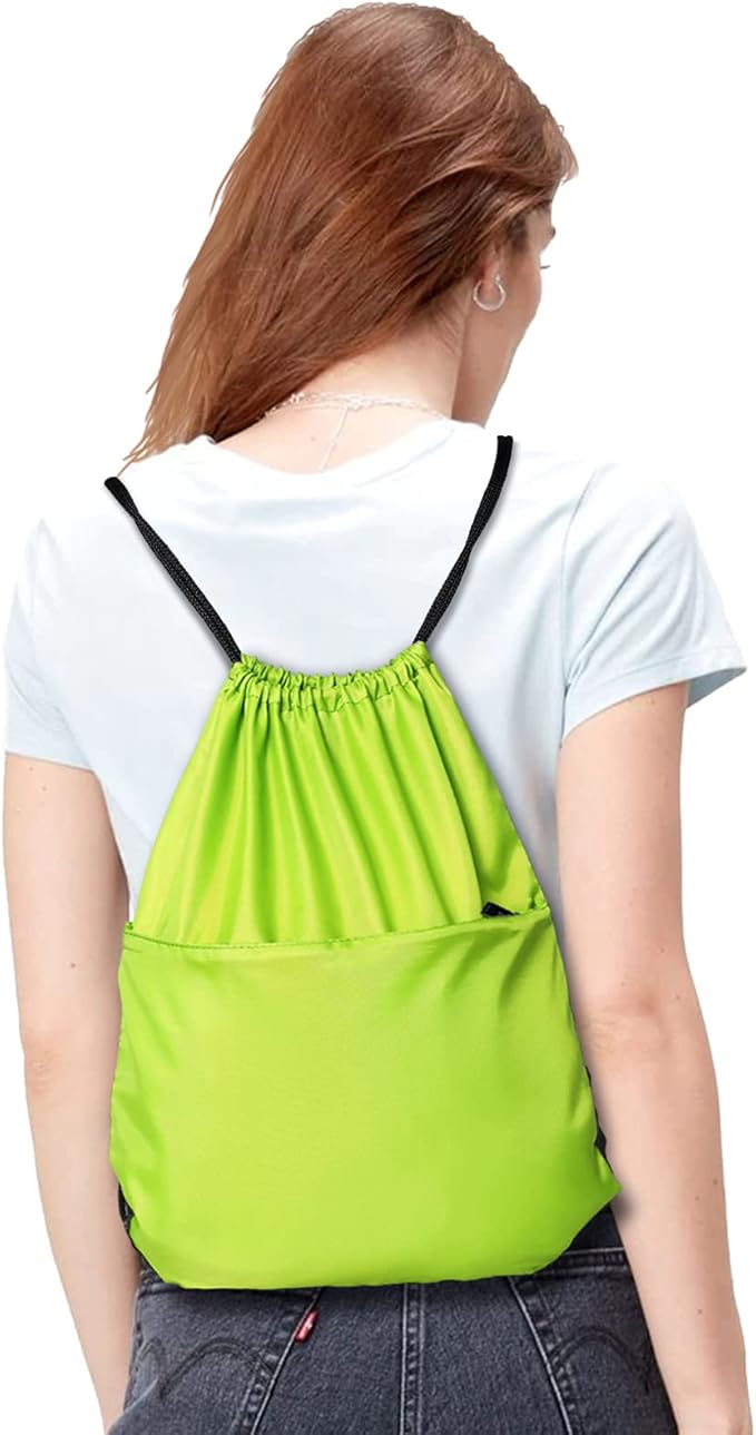 BuyAgain Drawstring Backpack Sports Water Resistant String Bag Sport Gym Sackpack for Women Men Large with Zipper, Apple Green
