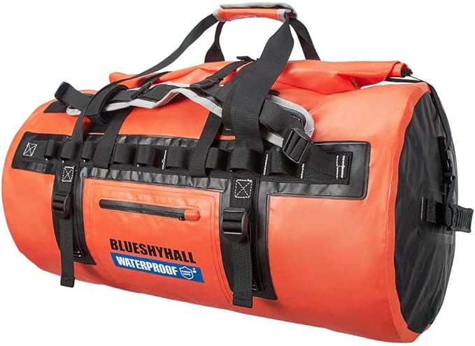 Blueshyhall 60L Waterproof Duffle Bag with Durable Handles Straps, Water Repellent Dry Sack for Motorcycle Paddleboarding Kayaking Canoeing Camping Rafting Boating (Grey)