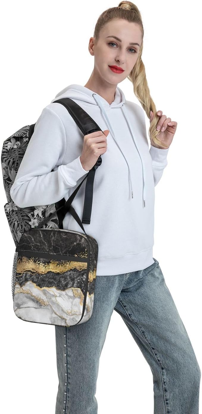 Black Grey Gold Marble Insulated Lunch Bag Reusable Cooler Lunch Box Portable Leakproof Thermal Container Tote Bags for Girls Boys School Travel