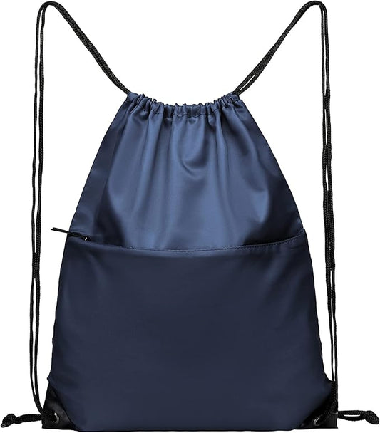 BuyAgain Drawstring Backpack Sports Water Resistant String Bag Sport Gym Sackpack for Women Men Large with Zipper, Navy