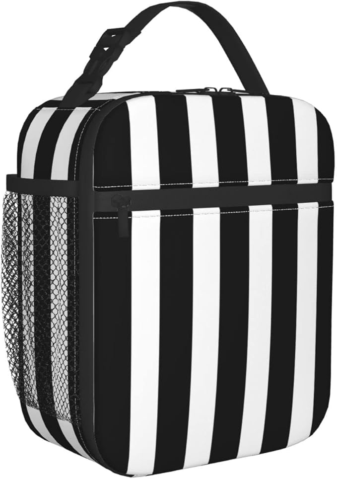 Black and White Stripe Lunch Box Reusable Insulated Totes Lunch Bag Thermal Cooler For Boy Girls School Men Women Beach Picnic Travel