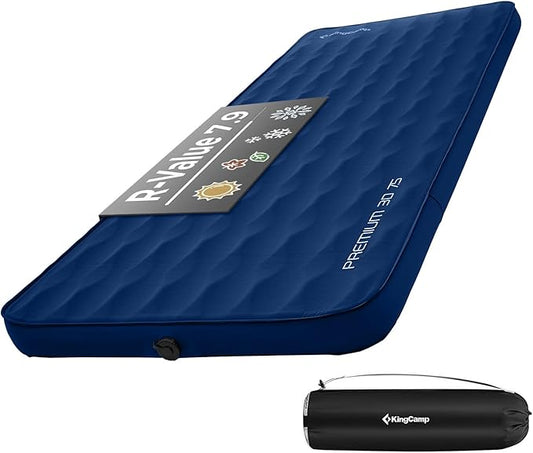 KingCamp Premium 3D Self-Inflating Camping Sleeping Pad Mattress Comfortable 3 “Thick Portable Lightweight Double Single R-Value 6.1 Warm for Winter Camping Indoor Outdoors Single-Navy