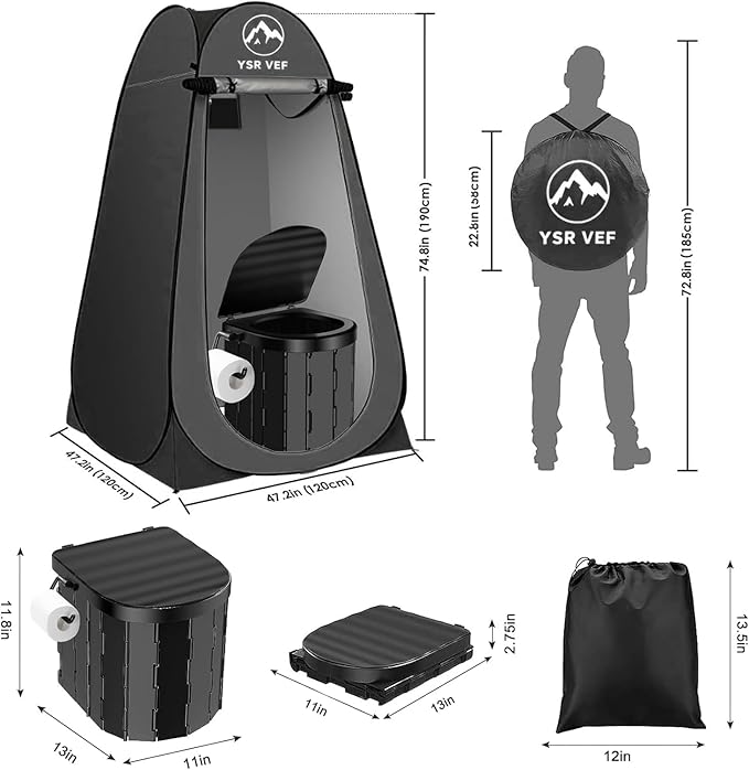 Portable Toilet Kit, Camping Toilet with Pop-Up Privacy Tent and Poo Gel Toilet Bags, Washable Portable Outdoor Showers Changing Rooms