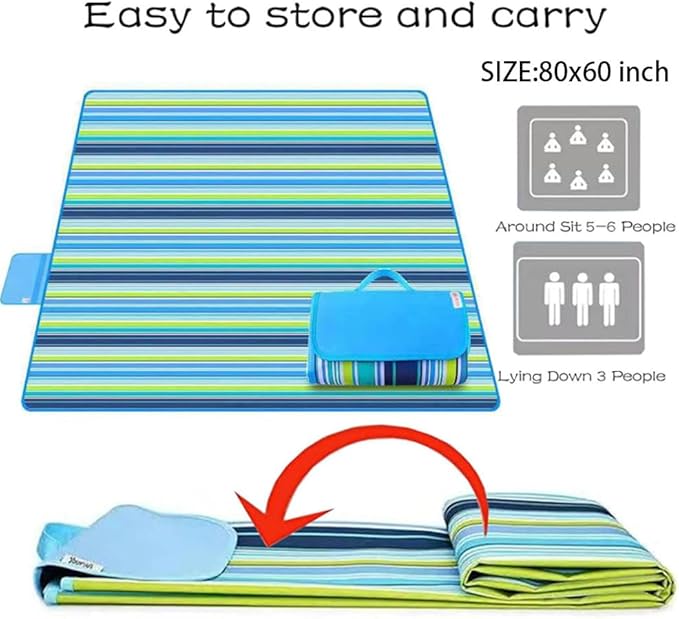 RUIBOLU Large Picnic Blanket, Beach Blankets(80X60) Inch Sandproof Beach Mat for 3-5 Adults Waterproof Quick Drying Outdoor Picnic Mat for Travel Camping Park Lawn (Blue Stripes)