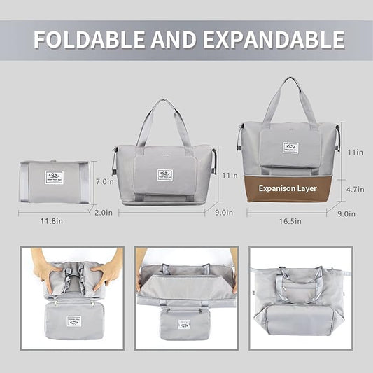 Expandable Travel Duffel Tote Bag - Foldable Overnight Weekender, Carry-On, Swim & Gym Bag - Fits Spirit Airlines Personal Item Size - Lightweight, Waterproof & Durable with Trolley Sleeve,Grey