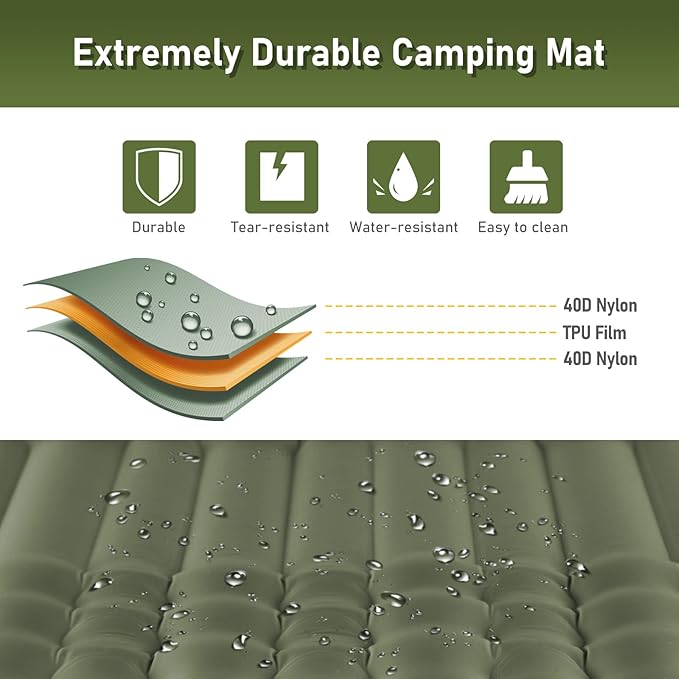 Elegear Double Sleeping Pad for Camping, 4" Ultra-Thick Self Inflating Camping Pad 2 Person with Pillow Built-in Foot Pump, Portable Camping Sleeping Mat for Backpacking, Hiking, Tent(Army Green Full)