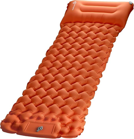 Inflatable Camping Sleeping Pad with Pillow & Foot Pump, 3"x79"x26" Single Camping Air Mattress, Compact Roll-Up, Quick-Dry & Durable Sleeping Mat for Backpacking, Hiking, Tent, Travel – Orange
