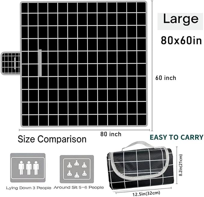 Extra Large Beach Blanket Outdoor Picnic Blankets, Foldable Waterproof Sand Free Picnic Mat for Festival BBQ Park Grass Lawn Camping Hiking Travel Concerts (Black, 80x60 in)