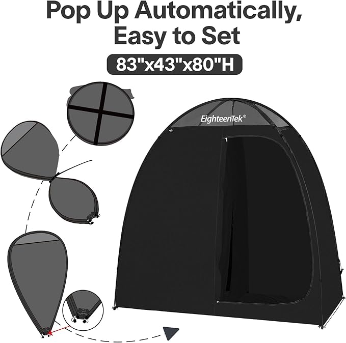 EighteenTek Camping Shower Tent Changing Room with Fixed Floor 2 Rooms and Doors Outdoor Pop Up Camping Toilet Portable Privacy Dressing Shelter with Carry Bag 83"x43"x80" (2 Rooms+1 Door+Black)