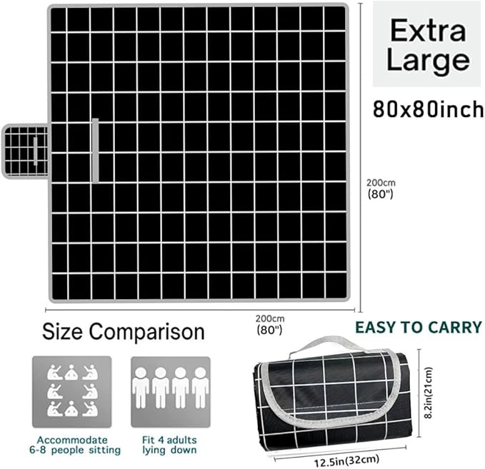 Extra Large Beach Blanket Outdoor Picnic Blankets, Foldable Waterproof Sand Free Picnic Mat for Festival BBQ Park Grass Lawn Camping Hiking Travel Concerts (Black, 80x80 in)