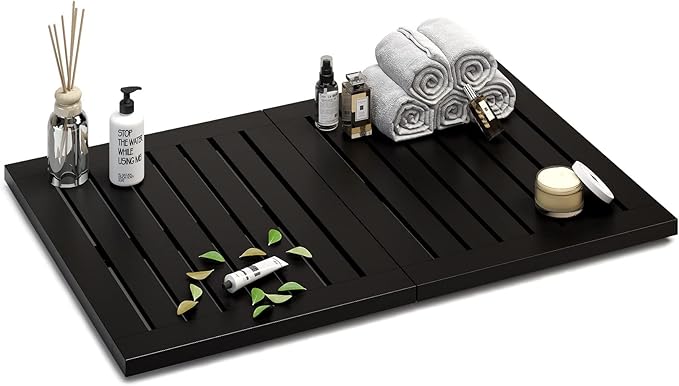 Waterproof Bamboo Bath Mat for Shower, Foldable | Non-Slip | Heavy Duty, Wooden Bath Mat, Floor Mat and Doormat for Indoor Outdoor (Black, 23.4 x 15.6IN)