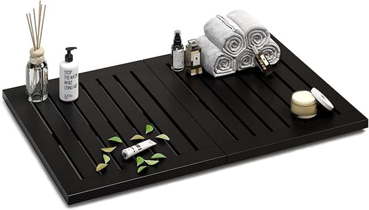 Waterproof Bamboo Bath Mat for Shower, Foldable | Non-Slip | Heavy Duty, Wooden Bath Mat, Floor Mat and Doormat for Indoor Outdoor (Black, 23.4 x 15.6IN)