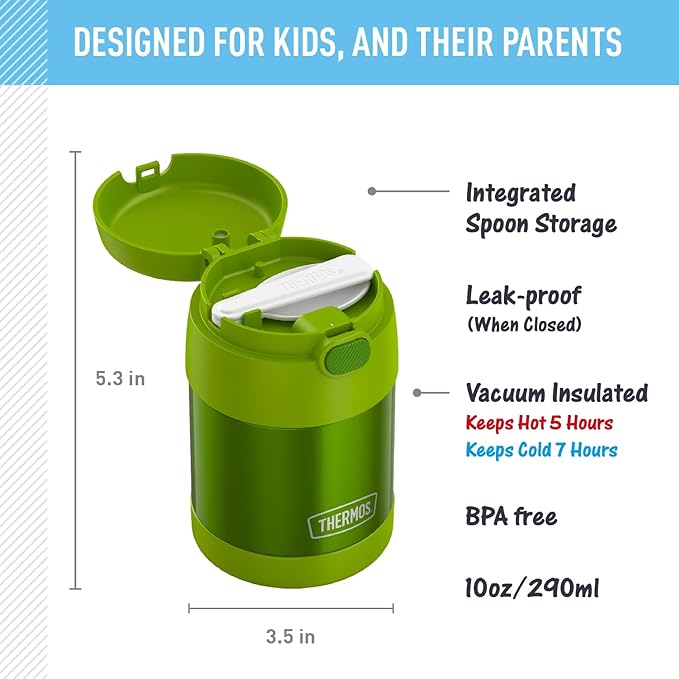 THERMOS FUNTAINER Insulated Food Jar, 10 Ounce, Kid Friendly Food Jar with Foldable Spoon, Lime