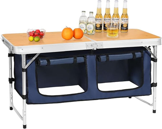 CampLand Outdoor Folding Table Aluminum Lightweight Height Adjustable with Storage Organizer for BBQ, Party, Camping