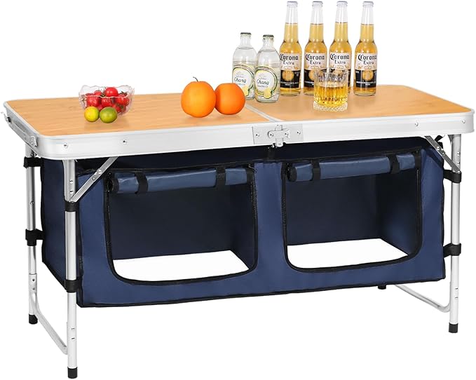 CampLand Outdoor Folding Table Aluminum Lightweight Height Adjustable with Storage Organizer for BBQ, Party, Camping