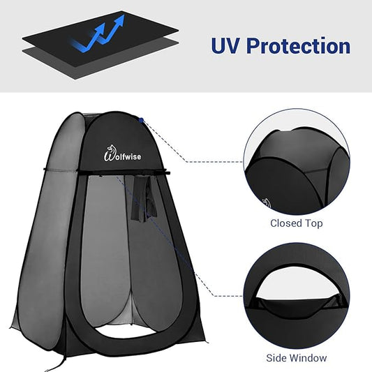 WolfWise Portable Pop Up Privacy Shower Tent, Spacious Changing Room, Dressing Room, Sun Sunshade Canopy Outdoor Rain Shelter, Backpack Privacy Shelters for Camping, Hiking, Beach, Toilet, Black