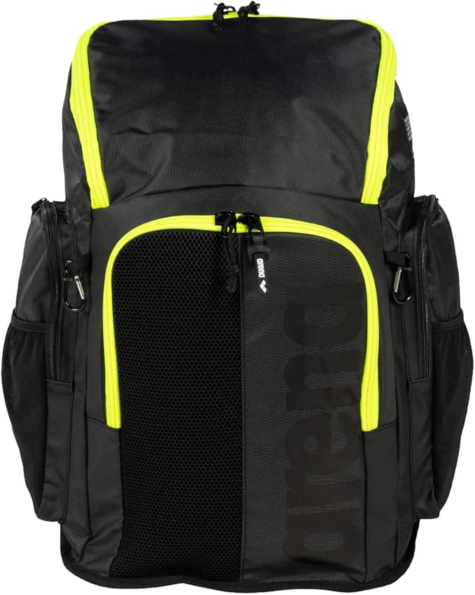 Arena Spiky III Backpack 45 Swimming Athlete Sports Gym Rucksack Large Training Gear Equipment Swim Bag for Men and Women, 45 Liters, Dark Smoke/Neon Yellow