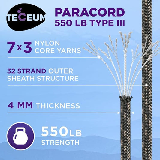 TECEUM Heavy Duty Rope 1000 – 1000ft / 200ft / 100ft / 50ft – 40+ Colors – Utility Rope for Survival & Camping Gear – Nylon String, Camping Rope, para Cord, Utility Nylon Rope, Tent Cord