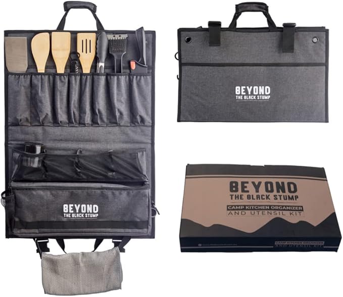 Camp Kitchen Organizer and Utensil Kit - Set of 14 - Travel Organizer - Grill Accessories - Portable Camping Gear