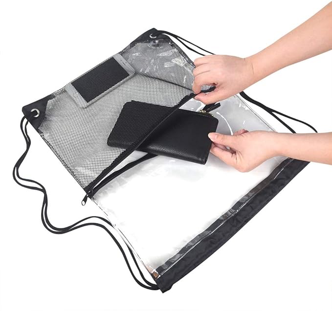 Clear Drawstring Bag, PVC Drawstring Backpack with Front Zipper Mesh Pocket