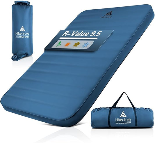 Hikenture Extra Thick Double Self Inflating Sleeping Pad, 9.5 R Camping Mattress 2 Person, Inflatable Foam Camping Pad with Pump Sack, Portable 4 in Thickness Comfort Plus Camping Mat for 4-Season