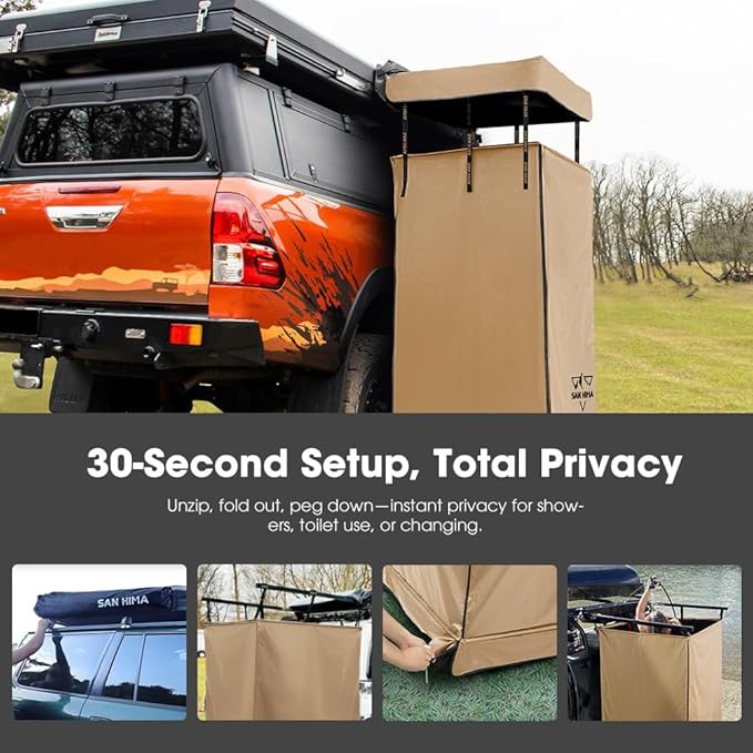 SanHima Awning Shower Tent with Roof - Car Side Shower Room w/LED Light, Camping Waterproof Portable Privacy Shelter Bathroom Overland, Khaki