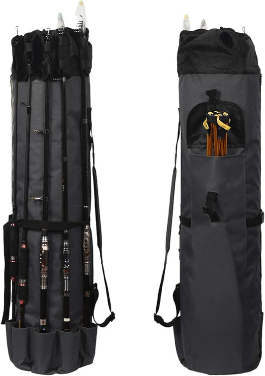 LEADALLWAY Portable Fishing Rod Case - Durable Folding Oxford Fabric Tackle Carry Bag - Multifunction, Large Capacity, Waterproof - Holds 5 Poles