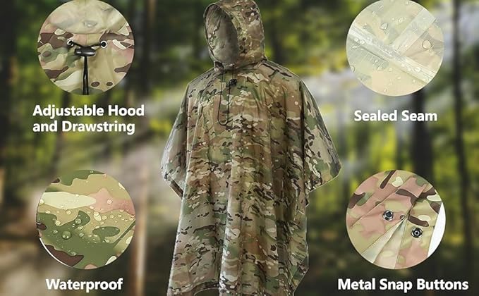 Camo Rain Poncho, Multi Use Waterproof Rain Coat