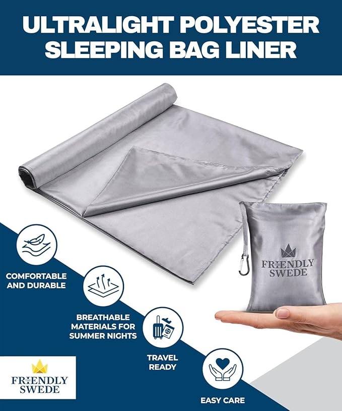 The Friendly Swede Sleeping Bag Liner — Ultralight Polyester or Cold Weather Microfiber Adult Sleep Sack; Thin Travel Sheets for Hotel; Camping Sheets; Travel Sleeping Bag with Pocket-Size Stuff Sack