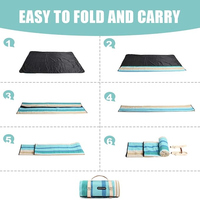G GOOD GAIN Picnic Blanket Waterproof & Sand Proof,Beach Blanket Portable with Carry Strap, XL Large Foldable Picnic Rug Machine Washable for Outdoor Camping Party,Wet Grass,Hiking,Kids Playground