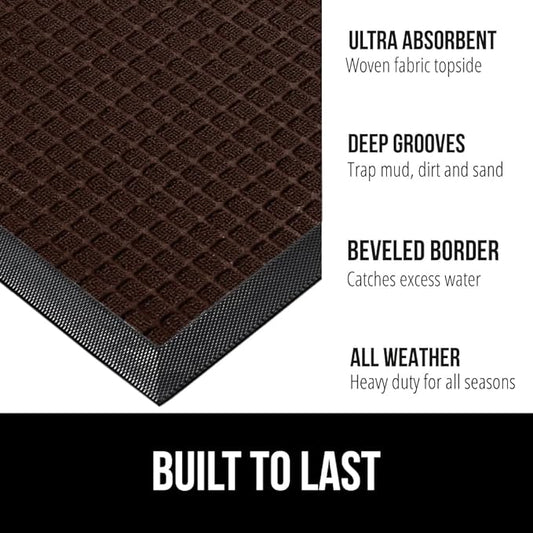 GORILLA GRIP 100% Waterproof All-Season WeatherMax Doormat, 72x24 Runner, Durable Natural Rubber, Stain and Fade Resistant, Low Profile, Indoor Outdoor Door Mats, Easy Clean Entry Mat, Coffee Squares