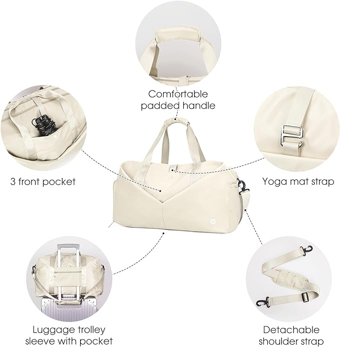 Ceneda 20" Gym Duffel with Wet Pocket & Shoes Compartment - Portable Overnight Weekender Travel & Yoga Bag for Women (Ivory)