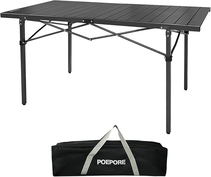 Large Folding Camping Table Aluminum for 5-7 People 55"X27.5" Roll Up Tall Outdoor Portable Table Lightweight with Carry Bag for Picnic BBQ Backyard Beach Black