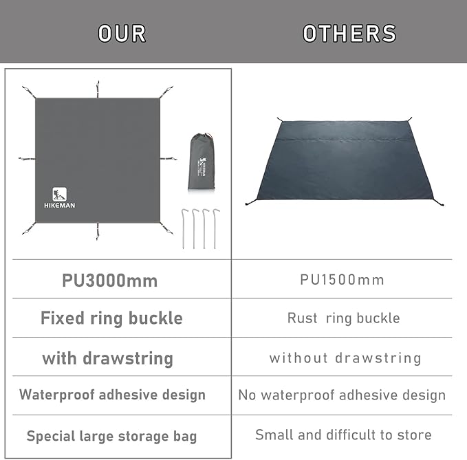 Hikeman Tent Footprint - Waterproof Camping Tarp, Heavy Duty Tent Floor Saver, Ultralight Ground Sheet Mat for Hiking, Backpacking, Hammock, Beach - Storage Bag Included(PU3000mm,300 * 300CM)
