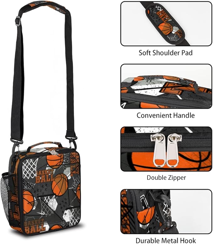 cfpolar Basketball Lunch Box for Boys Insulated Lunch Bags Reusable Mini Cooler Lunch Tote Mens Lunchbox Thermal Meal Tote Kit with Shoulder Strap for Work School Picnic